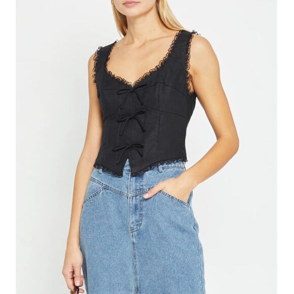 Women's Kourt Giogia Linen Bow Top in Black size 6 Coquette Whimsigoth Girly - Picture 1 of 6